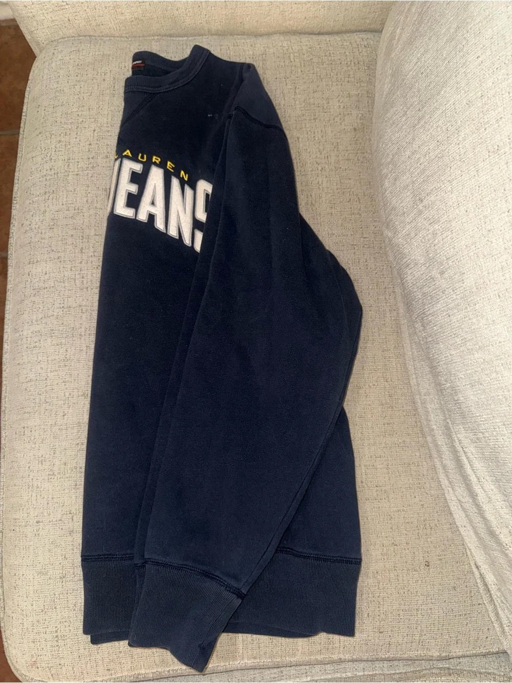 Ralph Lauren Polo Jeans Navy Crewneck Sweatshirt with White and Yellow Logo